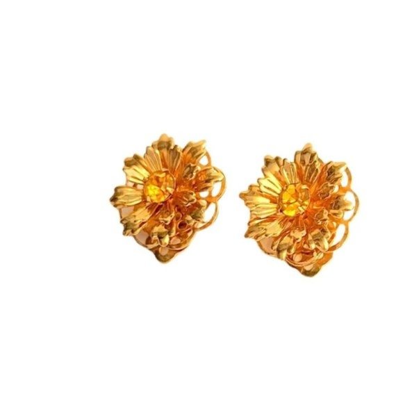 Vintage Lisner Signed Yellow Stone Flower Clip Earrings Gold Tone‎ - Picture 2 of 8